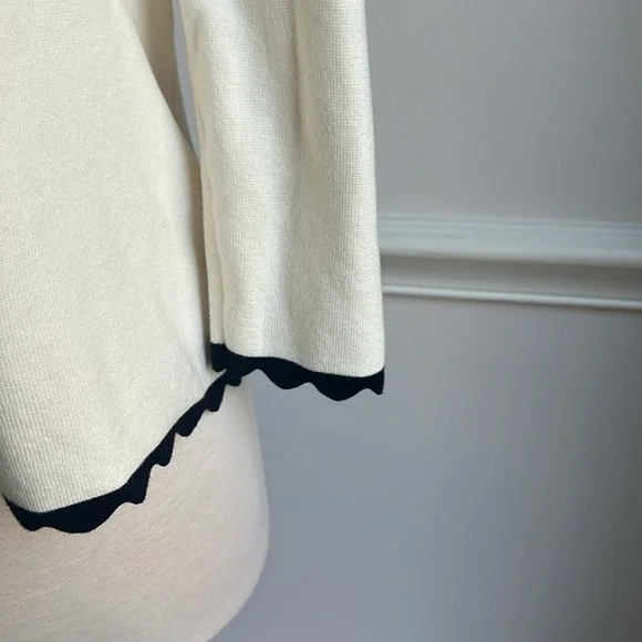 1901 knit Ivory black cotton Scallop Edge Open Front cardigan sweater medium EUC - Picture 7 of 9